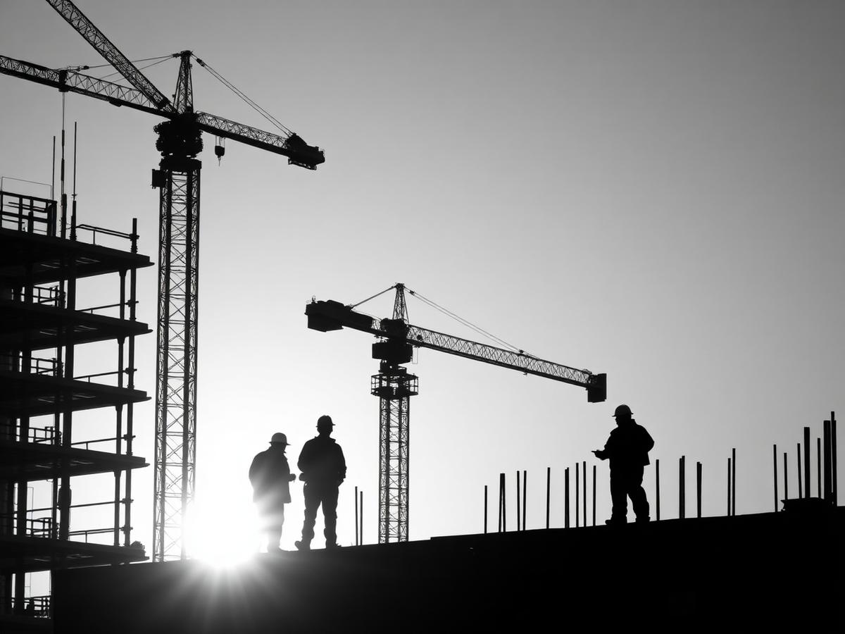 Chantier OAD Construction avec grues au coucher du soleil